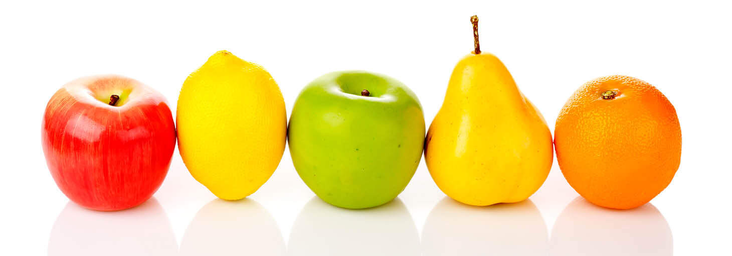 Apples, orange, lemon, pear